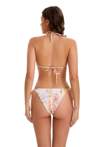 Rear view of floral print bikini set with adjustable halter neck and side-tie bottom straps