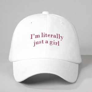 White cotton baseball cap featuring burgundy I'm literally just a girl embroidery