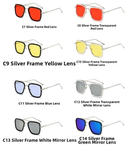 Eight assorted square metal frame aviator sunglasses in various lens colors for men