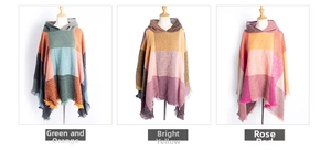 Three colorful hooded ponchos with geometric patterns and fringe tassels in diverse hues