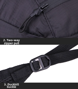 Detail view of smooth two-way zippers and adjustable ladder lock buckle on black backpack