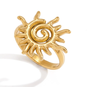 Bague réglable en acier inoxydable plaqué or 18K avec soleil et motif spirale