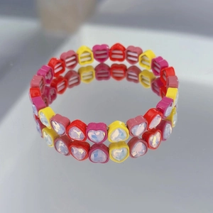 Ins Style Fashion Colorful Heart Enamel Elastic Bracelet For Women Rhinestone Inlaid Sweet Hand Jewelry Daily Wear Stackable Bracelets