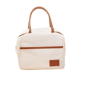 Borsa termica minimalista bianco crema con manici marroni e chiusura a zip
