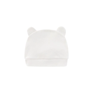 Detail of newborn pure cotton white hat with cute ears on a clean white background
