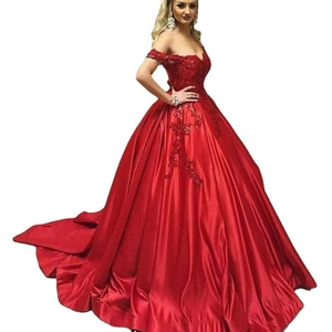 Elegant off-shoulder red evening gown with lace embroidery and satin trail for women