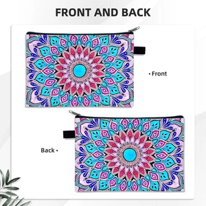 Mandala print makeup bag set with front and back views in pink and blue polyester
