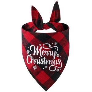 Detail of red and black buffalo plaid Christmas pet bandana with Merry Christmas print