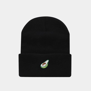 Classic black knitted beanie hat with high-quality green avocado embroidery detail