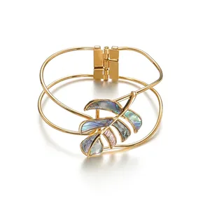 18K Gold Plated Stainless Steel Hollow Leaf Starfish Bangle With Natural Mother Of Pearl Inlay Bohemian Jewelry For Women