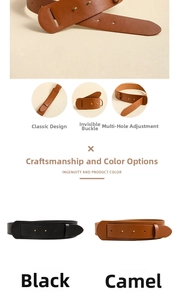 Detail of wide leather waist belts in black and camel colors with invisible buckle design