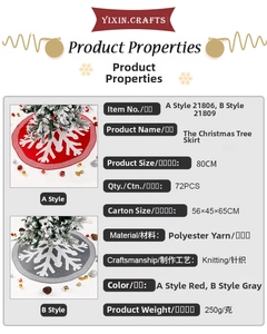 Detail view of 80cm knitted Christmas tree skirt with white snowflake patterns and specs