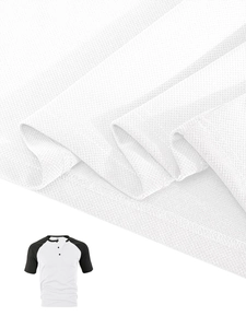 Detail of breathable knitted fabric and color-block raglan sleeve on men's Henley shirt