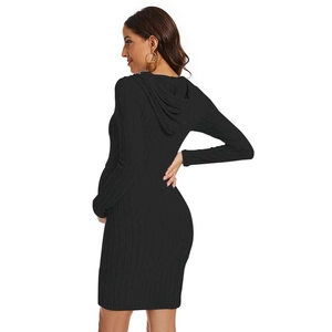 Detailed knit texture and drawstring hood on back of a black maternity maxi dress