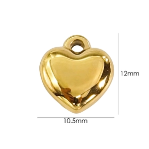 Macro shot of 12mm x 10.5mm polished gold heart pendant with size dimension labels