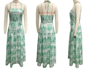 Detailed front, back, and side views of a green palm tree print halter maxi beach dress