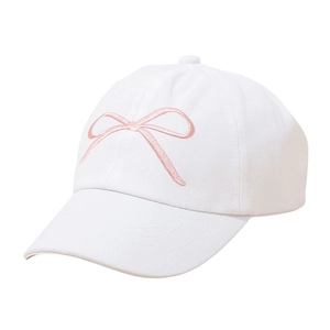 Detailed view of the delicate pink bow embroidery on a white children's cotton baseball sun hat