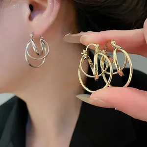 Geometric Hoop Earrings Multi Layer Nested Circular Hollow Metal With 925 Sterling Silver Earring Post Modern For Women