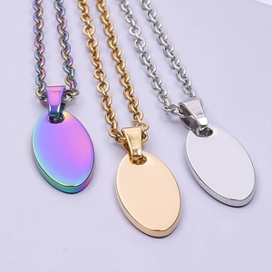 Polished oval stainless steel pendant necklaces in gold, silver and rainbow plating