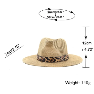 Straw sun hat with leopard band, measurements 56-58cm head size, 7cm brim, 12cm height
