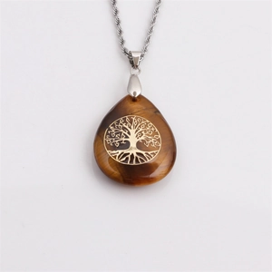 Collana con ciondolo a goccia in cristallo occhio di tigre e albero della vita dorato