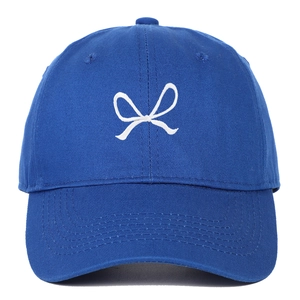 Navy blue cotton baseball cap featuring minimalist white bow ribbon embroidery on front