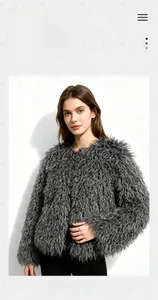 Close-up of luxury grey faux fur texture on a round-neck winter coat for women
