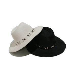 Classic suede fedora hats in black and cream featuring leopard print metal buckle accents