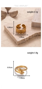 Detailed dimensions for gold feather and snake style adjustable stainless steel rings