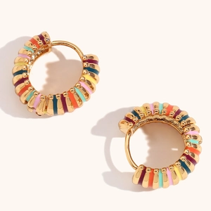 Rainbow enamel striped gold hoop earrings in a minimalist stainless steel setting