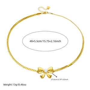 Elegant gold snake chain necklace with pearl bow pendant and product dimensions