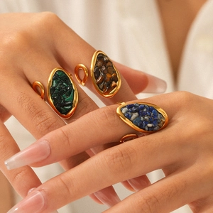 French Vintage Stainless Steel Adjustable Open Ring Natural Stone Malachite Lapis Lazuli Tiger Eye Inlay Retro Jewelry