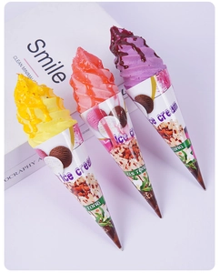Detailed view of colorful PU artificial ice cream cones with realistic toppings and wrap