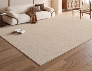 Detailed texture of a beige woven minimalist rug in a modern living room setting
