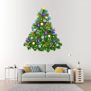 Grand sticker mural sapin de Noël avec ornements colorés pour décoration du salon