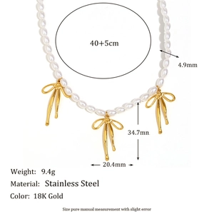 Collier de perles en acier inoxydable plaqué or 18 carats avec pendentifs nœuds