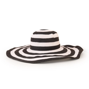 Detail of wide brim straw hat with classic black and white horizontal stripe patterns