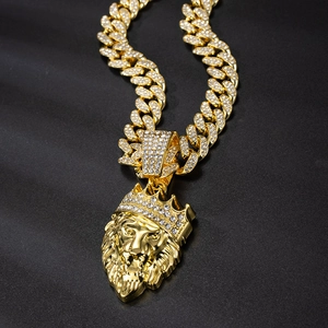 Hip hop style gold lion head crown pendant with Cuban chain and sparkling crystals