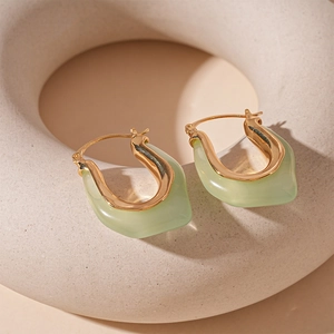Minimalist light green resin U-shape hoop earrings with gold metal frame accents