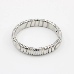 Macro shot of silver tubogas stretch bracelet with flexible stainless steel structure