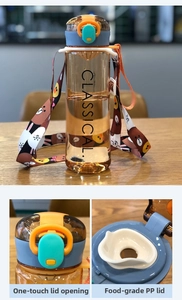 Close-up of food-grade PP lid with one-click opening and colorful cartoon shoulder strap