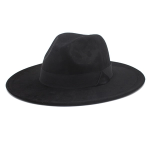 Classic black faux suede fedora hat with a wide brim and satin ribbon bow for men and women