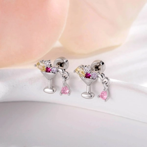 Cocktail Glass Piercing Earring Titanium Steel With Zirconia Teardrop Pendant Fruit Cup Martini Stud Jewelry For Women