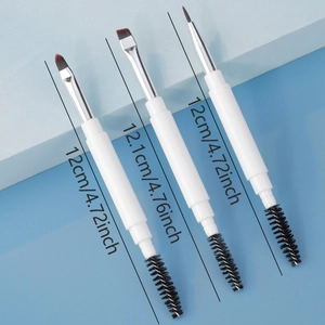 Set of three double-ended makeup brushes with soft bristles and spiral brow brushes