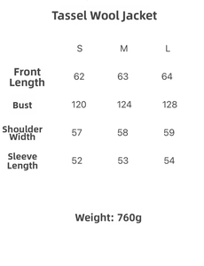 Detailed size chart for the fringe jacket including length, bust, and sleeve measurements
