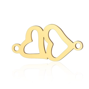 Detail of golden stainless steel interlocking double heart connector for jewelry making