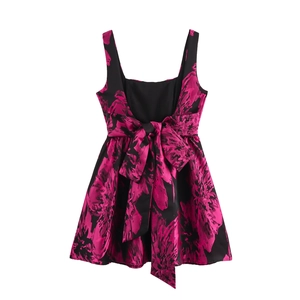 Elegant floral jacquard backless mini dress with a large bow detail in pink and black