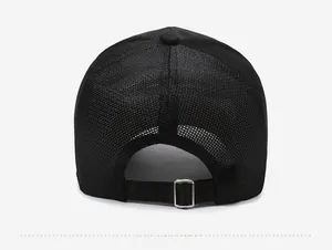 Detail of the black mesh baseball cap showing the breathable back and metal buckle
