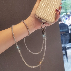 Luxurious rhinestone long phone lanyard and matching bracelet with silver metal ring clasp
