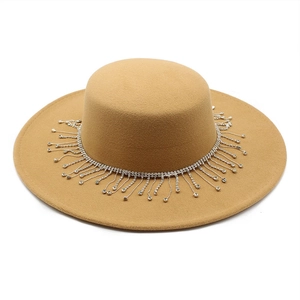 Khaki wool felt fedora hat with sparkling silver rhinestone fringe tassel trim details